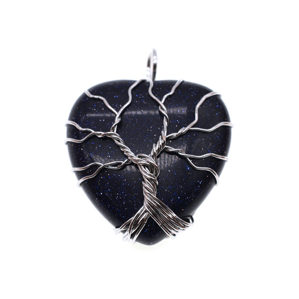 Tree of Life Wire Wrapping Heart Shape Stone Pendant Part 30mm - Blue Gold Stone