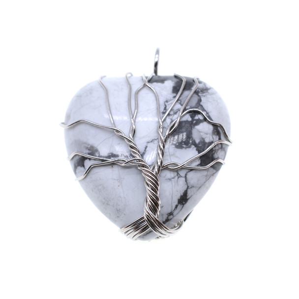 Tree of Life Wire Wrapping Heart Shape Stone Pendant Part 30mm - Howlite