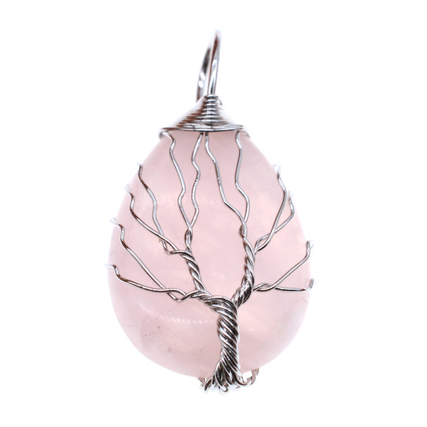 Tree of Life Wire Wrapping Teardrop Shape Stone Pendant Part 25x36mm - Rose Quartz