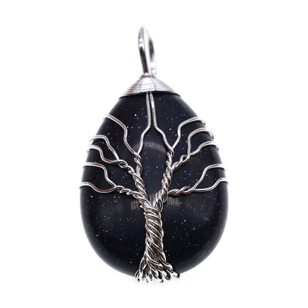 Tree of Life Wire Wrapping Teardrop Shape Stone Pendant Part 25x36mm - Blue Gold Stone