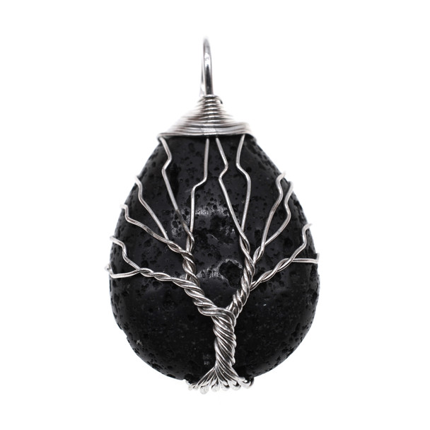 Tree of Life Wire Wrapping Teardrop Shape Stone Pendant Part 25x36mm - Black Lava