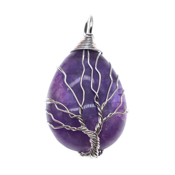 Tree of Life Wire Wrapping Teardrop Shape Stone Pendant Part 25x36mm - Amethyst