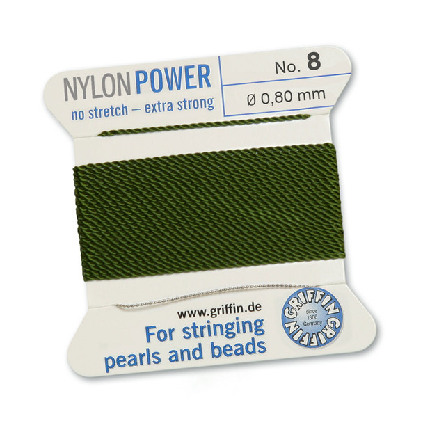 Griffin NylonPower Cord 2m 1 Needle - Size 8 Olive