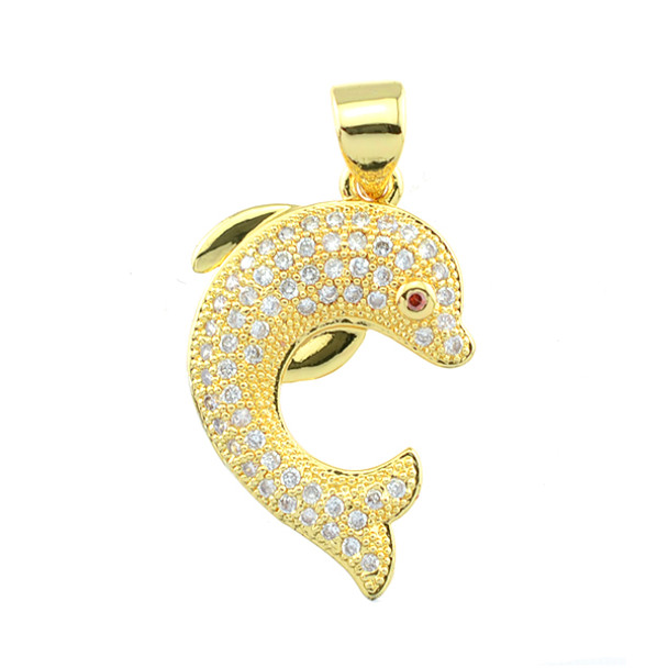 15x25mm Microset White CZ Dolphin Charm (Gold Plated)