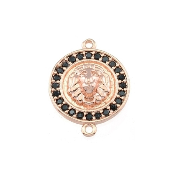 14mm Microset Black CZ Lion Head Coin Connector (Rose Gold Plated)