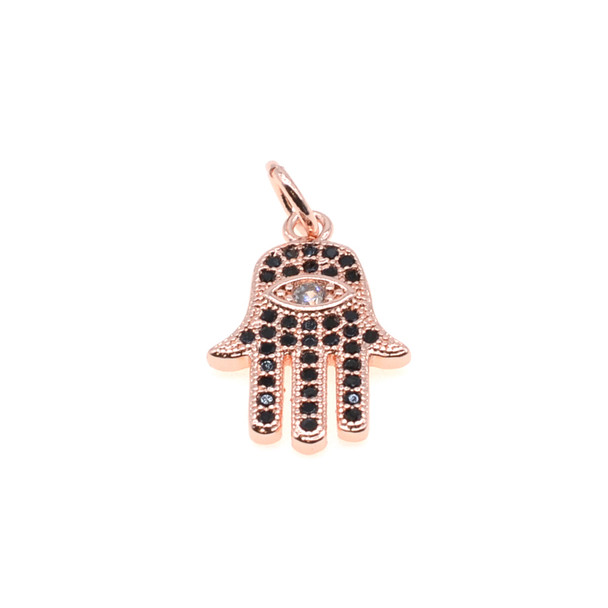 11mm x 18mm Microset Black CZ Small Hamsa Hand Charm (Rose Gold Plated)