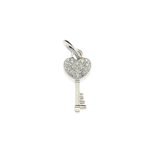 7x18mm Microset White CZ Heart Key Mini Charm (Rhodium Plated) - 3/Pack