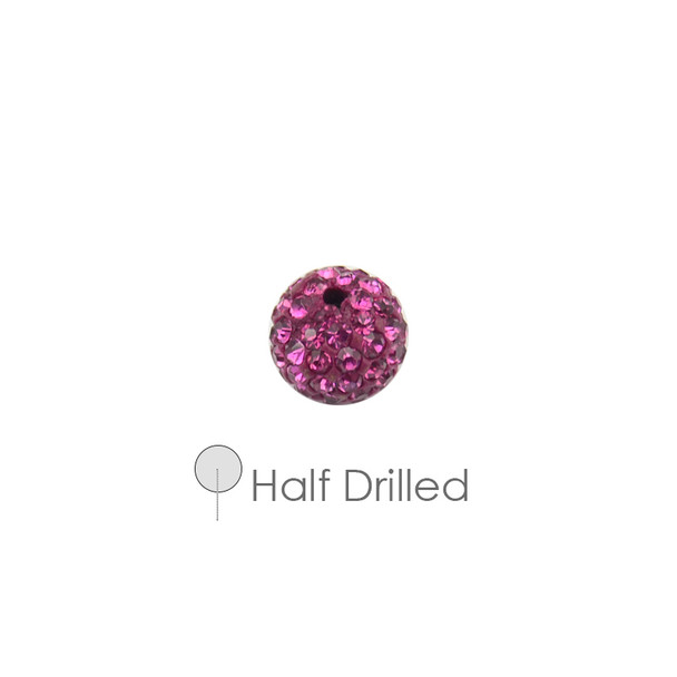 Pave Crystal Half Drilled Beads Fuchsia 8mm - 4/Pack