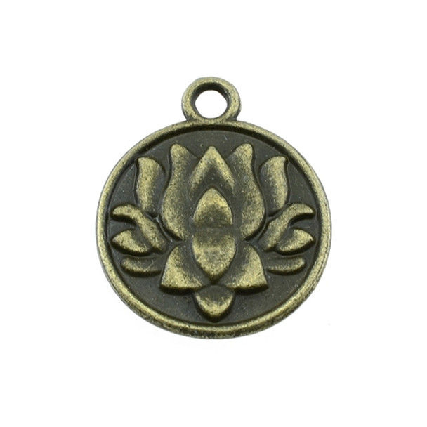 Lotus Flower Flat Circle Charm 20mm x 20mm x 2mm - Antique Brass (15Pcs)