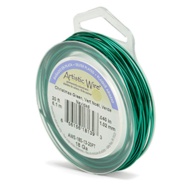 Artistic Wire, 18 Gauge (1.0 mm), Silver Plated, Christmas Green, 20 ft (6.1m)