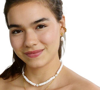Model wearing Golden Orbit Earcuffs, on a white background setting.