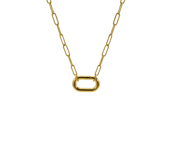 Oval Paperclip Chain Charm Necklace, a modern and elegant necklace featuring a trendy oval paperclip chain and a charming pendant, crafted in 18K gold-plated stainless steel, and displayed on a white background.