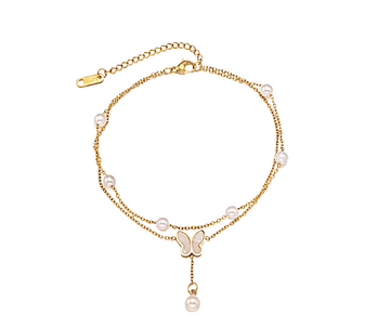 Butterfly and Freshwater Pearl Anklet, a delicate and charming anklet featuring a graceful butterfly charm and a genuine freshwater pearl, crafted in 18K gold-plated stainless steel, and displayed on a white background.