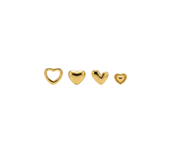 Heart Shape Screw Back Earrings, a charming and versatile set of four gold heart-shaped earrings in varying sizes and styles, featuring a secure screw-back design, crafted from 18K gold-plated stainless steel, and displayed on a white background.