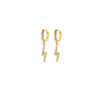 Lightning Bolt Dangling Earrings, a striking and edgy pair of drop earrings featuring a bold lightning bolt charm, crafted in 18K gold-plated stainless steel, and displayed on a white background.