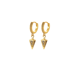 Triangle Shaped Drop Earrings, a sleek and modern pair of drop earrings featuring a distinctive triangle charm, crafted in 18K gold-plated stainless steel, and displayed on a white background.