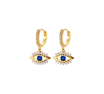 Energy Eye-Shaped Dangling Earrings, an elegant pair of drop earrings featuring a distinctive eye-shaped charm, crafted in 18K gold-plated stainless steel, and displayed on a white background.