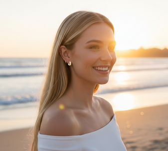 A model wearing Stellar Huggies Earrings, an elegant pair of hoops with a delicate star-shaped charm, made of 18-karat gold-plated stainless steel.