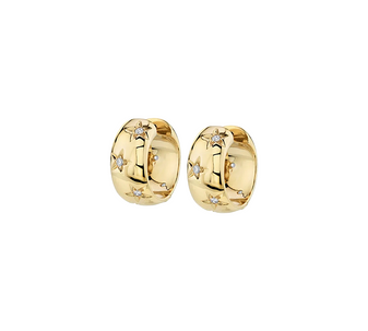 Stellar Huggies Earrings, a pair of elegant huggie hoops featuring a delicate star charm, crafted in 18K gold-plated stainless steel, and displayed on a white background.