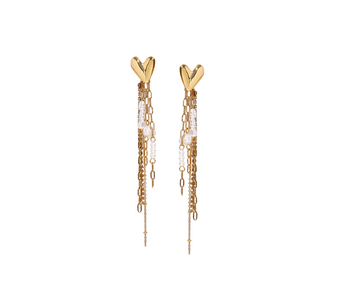 Heartstrings Tassel Earrings, featuring delicate tassels that create an elegant, flowing effect, crafted in 18K gold-plated stainless steel, and displayed on a white background.