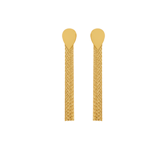 Moonlit Threads Earrings, a pair of elegant threader-style earrings designed to create a delicate, dangling effect, crafted in 18K gold-plated stainless steel, and displayed on a white background.