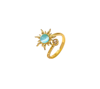 Aqua Sunflower Ring, a vibrant and elegant ring featuring a delicate sunflower design with an aqua-coloured centre, crafted in 18K gold-plated stainless steel, and displayed on a white background.
