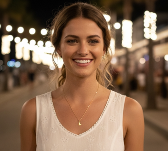 A young woman smiling, wearing the Heartflow Necklace. The gold heart pendant necklace sits beautifully against her skin, complementing her summer dress.