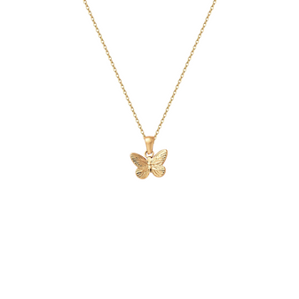 A close-up shot of a delicate 18K gold-plated butterfly necklace on a white background.