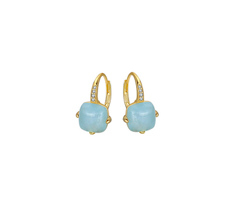 A pair of gold-filled sterling silver earrings with a modern, sculptural design, each featuring a polished, natural aquamarine stone.