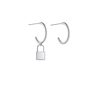 Close-up of the Lock Promise Earrings in 18k gold-filled sterling silver showing the detailed silver-tone lock design on a clean white background.