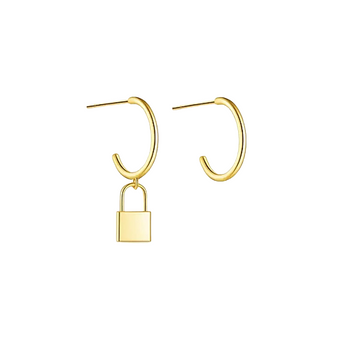 Close-up of the Lock Promise Earrings in 18k gold-filled sterling silver showing the detailed gold-tone lock design on a clean white background.