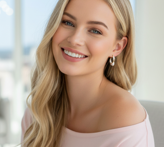A model wears a White Swirlz stud earring, featuring a thick swirl of white epoxy on an 18-karat gold-plated stainless steel stud earring.