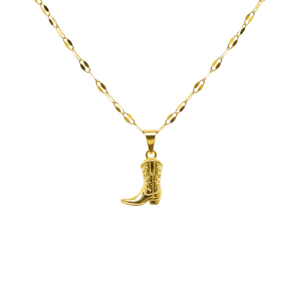 A close-up of the Wild West Boot Necklace from Keira K jewellery in a while background.