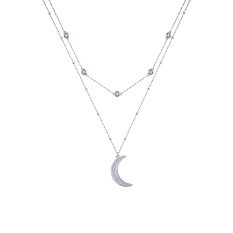 Crystal Moon Double Layered Necklace with half-moon pendant and Moissanite gemstones in Silver.