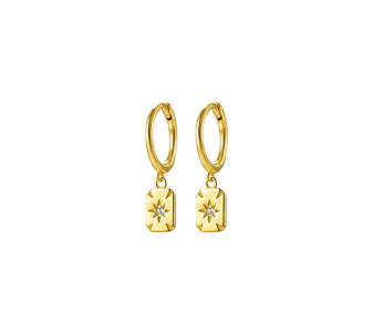 A pair of the Geo Mosaic gold-tone Drop Earrings made from 18k gold-filled sterling silver, featuring a geometric mosaic design and Moissanite stones.