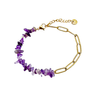 Amethyst gemstone bracelet with sleek gold-plated clip link chain.