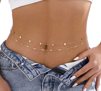 A model wearing jeans showcases the sparkly Dorado Frost Body Chain around her waist.
