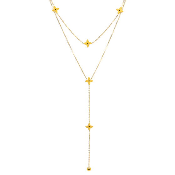 Close-up of the Clover Blossom Necklace, showing the 18k gold plating and titanium steel chain detail.