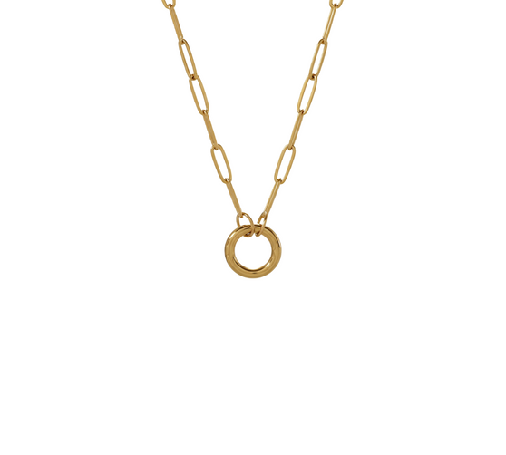 The Keepsake Charm Holder Necklace, an elegant and functional necklace featuring a unique clasp designed to easily hold and display your favourite charms, crafted in 18K gold-plated stainless steel, and displayed on a white background.