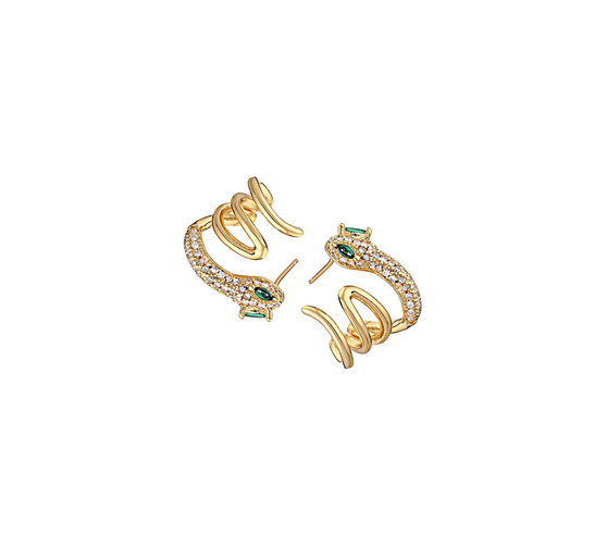 Snake Wraparound Earrings, a unique and edgy pair of earrings featuring a bold snake design that elegantly wraps around the ear, crafted in 18K gold-plated stainless steel, and displayed on a white background.