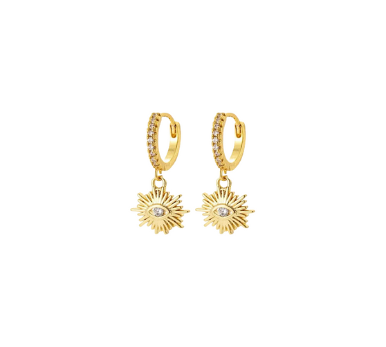 Sunburst Dangling Earrings, a radiant and elegant pair of drop earrings featuring a striking sunburst charm, crafted in 18K gold-plated stainless steel, and displayed on a white background.