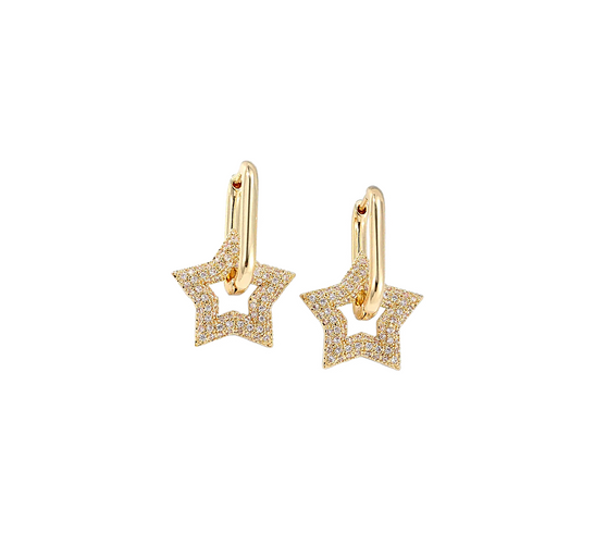 Dangling Gold Earrings with Stone Star, an elegant pair of drop earrings featuring a sparkling stone star charm, crafted in 18K gold-plated stainless steel, and displayed on a white background.