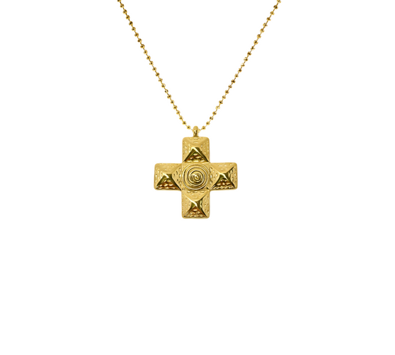Divine Wave Cross Necklace, a modern and elegant cross charm featuring a unique, wavy design, crafted in 18K gold-plated stainless steel, and displayed on a white background.