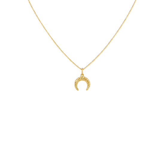 Golden Descending Moon Necklace, an elegant chain necklace featuring a delicate "descending moon" charm, crafted in 18K gold-plated stainless steel, and displayed on a white background.