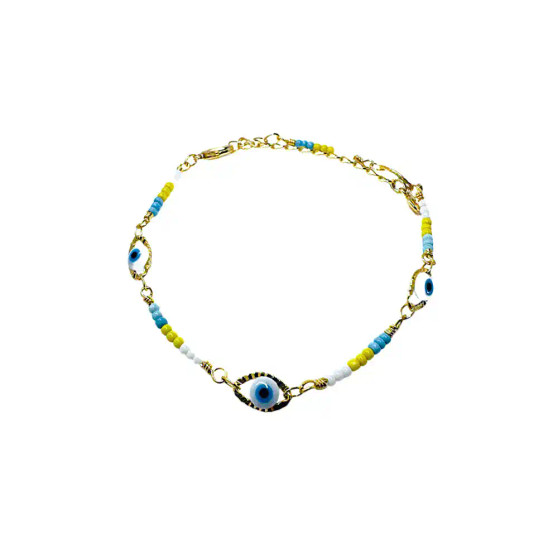 Evil Eye Bracelet, a delicate chain bracelet featuring a distinctive evil eye charm, crafted in 18K gold-plated stainless steel, and displayed on a white background.