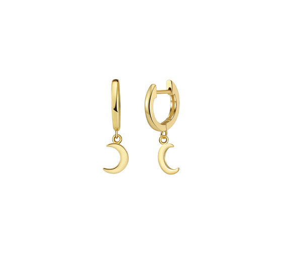 Hanging Moon Drop Earrings, featuring a delicate moon charm that elegantly hangs from the ear, crafted in 18K gold-plated stainless steel, and displayed on a white background.