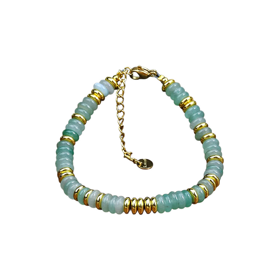Green Aventurine Gemstone Bracelet by Keira K Jewel. Energy-activated with soft green hues, set on an 18k gold-plated chain, perfect for a trendy style.
