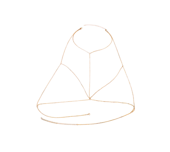 Close-up shot showing the different layers of the gold-plated chains of the Keira K Golden Cascade Body Chain.