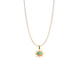A detailed shot of a round, sunburst-designed pendant featuring a small genuine turquoise gemstone in the centre. The pendant is attached to a delicate 18k gold-plated sterling silver chain.
