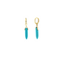 Turquoise Gold Huggies Drop Earrings, featuring striking turquoise charms on elegant gold huggie hoops, and displayed on a white background.